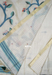 Muted Ivory Beige & Green - Muslin Silk Checks with Thread Weaving Pallu with Buttas - Perfect for Office Wear