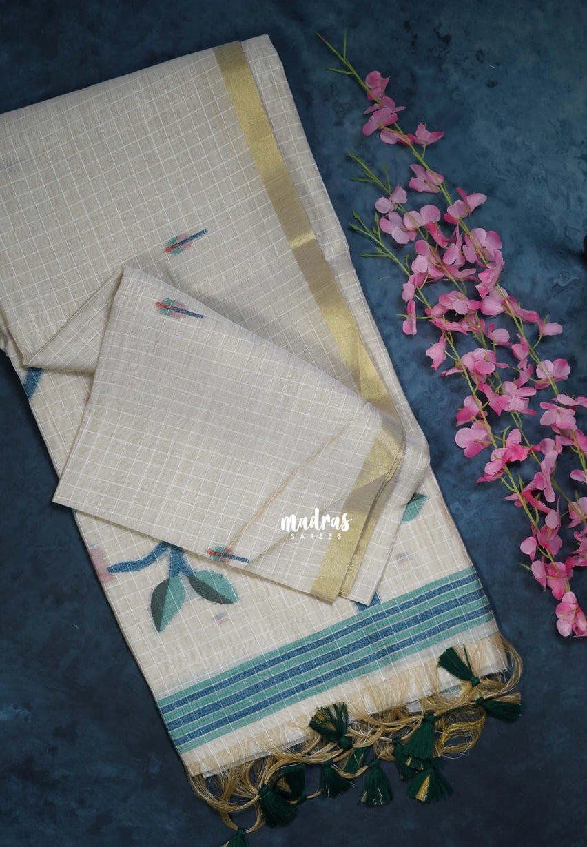 Muted Ivory Beige & Green - Muslin Silk Checks with Thread Weaving Pallu with Buttas - Perfect for Office Wear