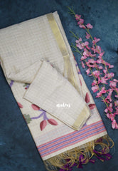 Muted Ivory Beige & Red - Muslin Silk Checks with Thread Weaving Pallu with Buttas - Perfect for Office Wear