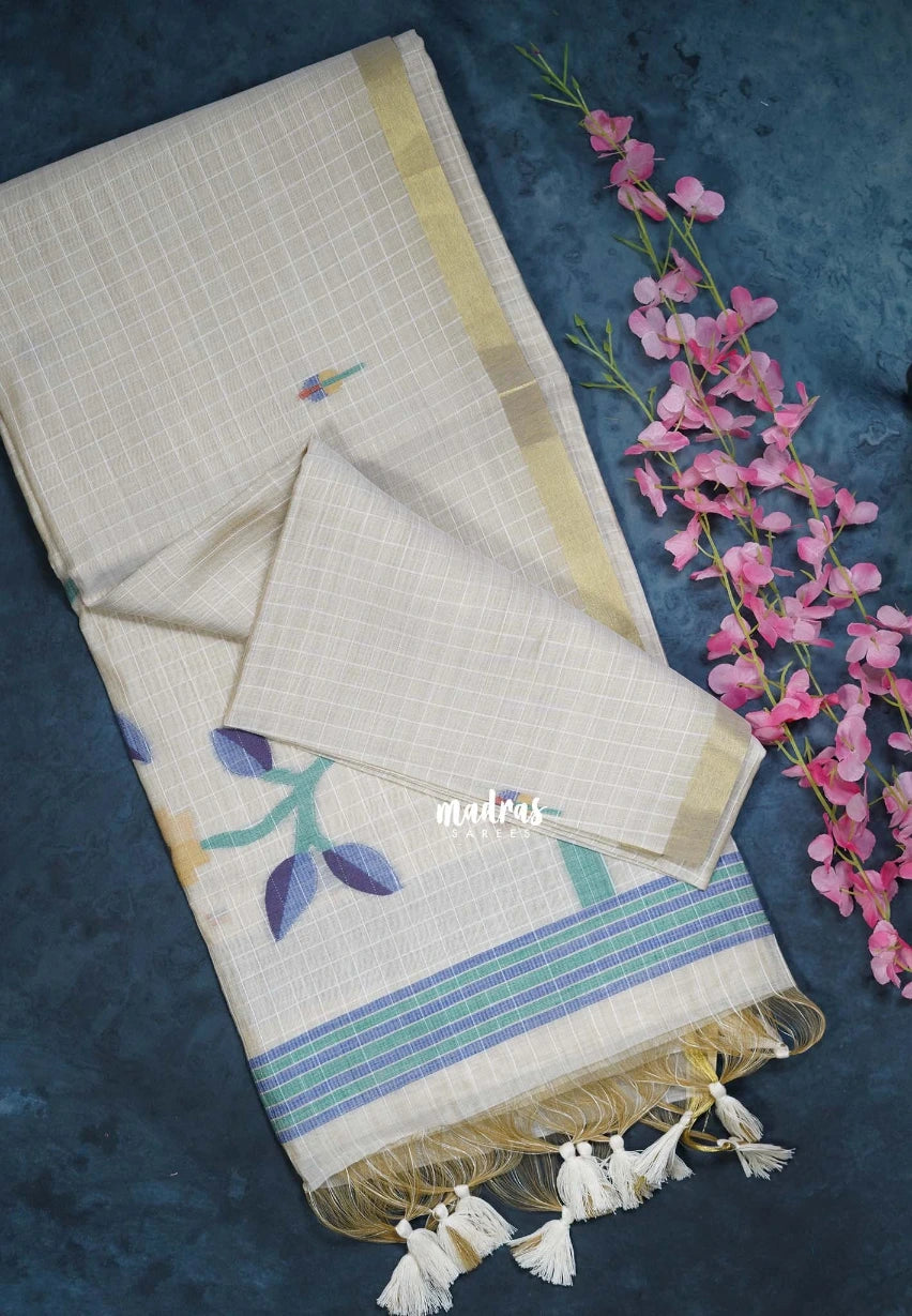 Muted Ivory Beige & Blue - Muslin Silk Checks with Thread Weaving Pallu with Buttas - Perfect for Office Wear