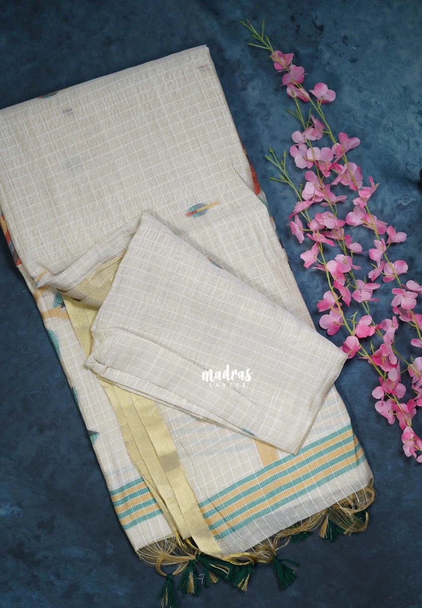 Muted Ivory Beige & Green - Muslin Silk Checks with Thread Weaving Pallu with Buttas - Perfect for Office Wear