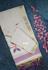 Muted Ivory Beige & Purple - Muslin Silk Checks with Thread Weaving Pallu with Buttas - Perfect for Office Wear