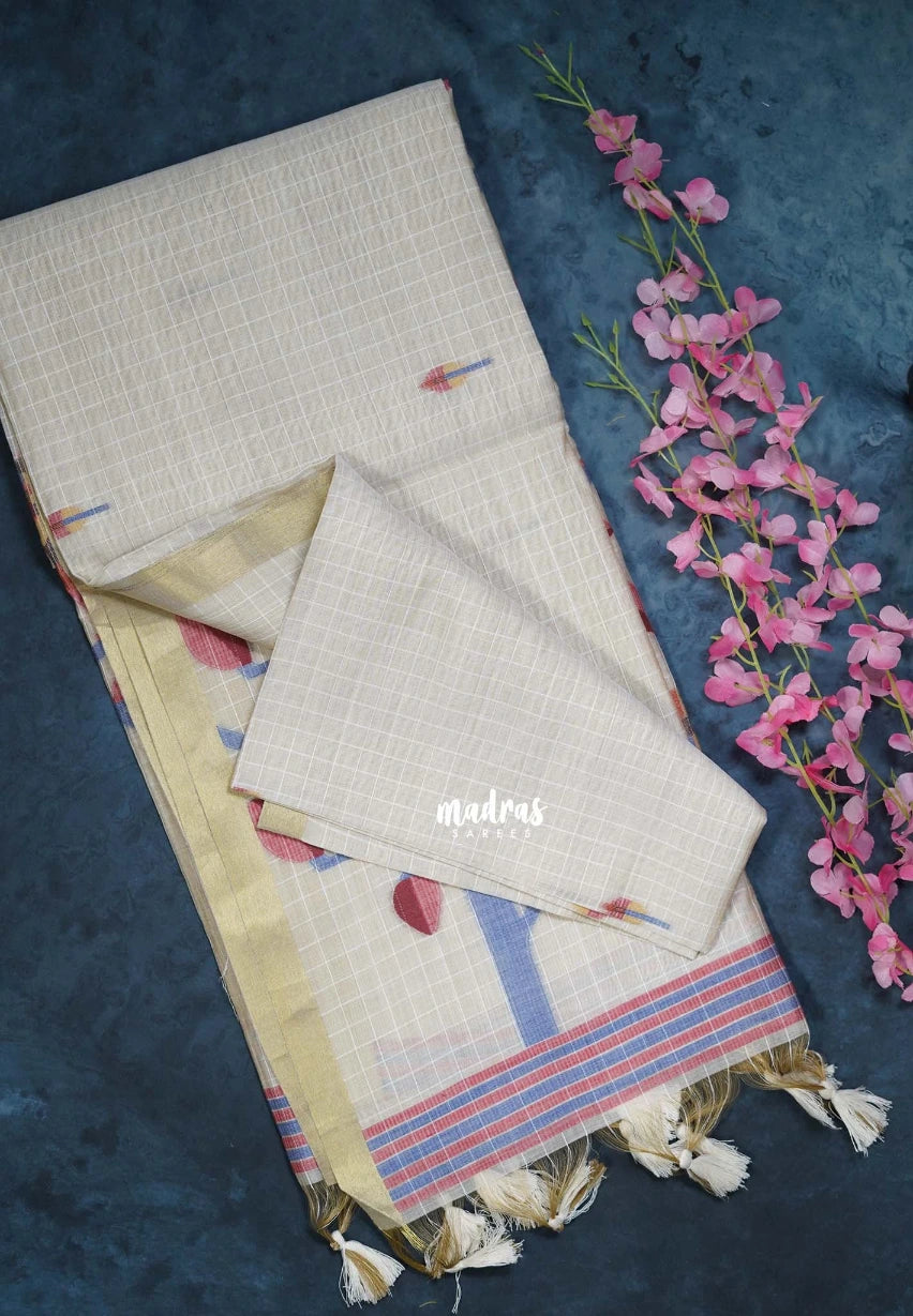 Muted Ivory Beige & Muted Red - Muslin Silk Checks with Thread Weaving Pallu with Buttas - Perfect for Office Wear