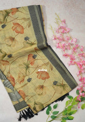Muted Sandal - Muslin Silk with Thread Weaving Pallu and Border with Floral Buttas - Perfect for Office Wear