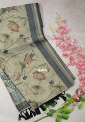 Muted Beige - Muslin Silk with Thread Weaving Pallu and Border with Floral Buttas - Perfect for Office Wear