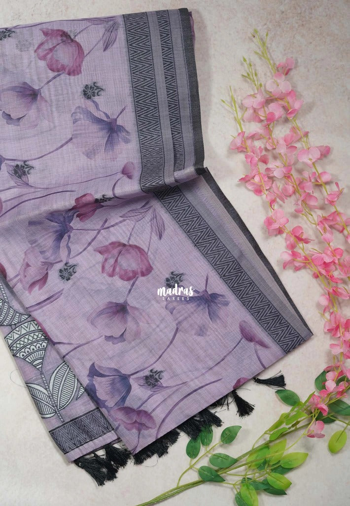 Pastel Lilac - Muslin Silk with Thread Weaving Pallu and Border with Floral Buttas - Perfect for Office Wear