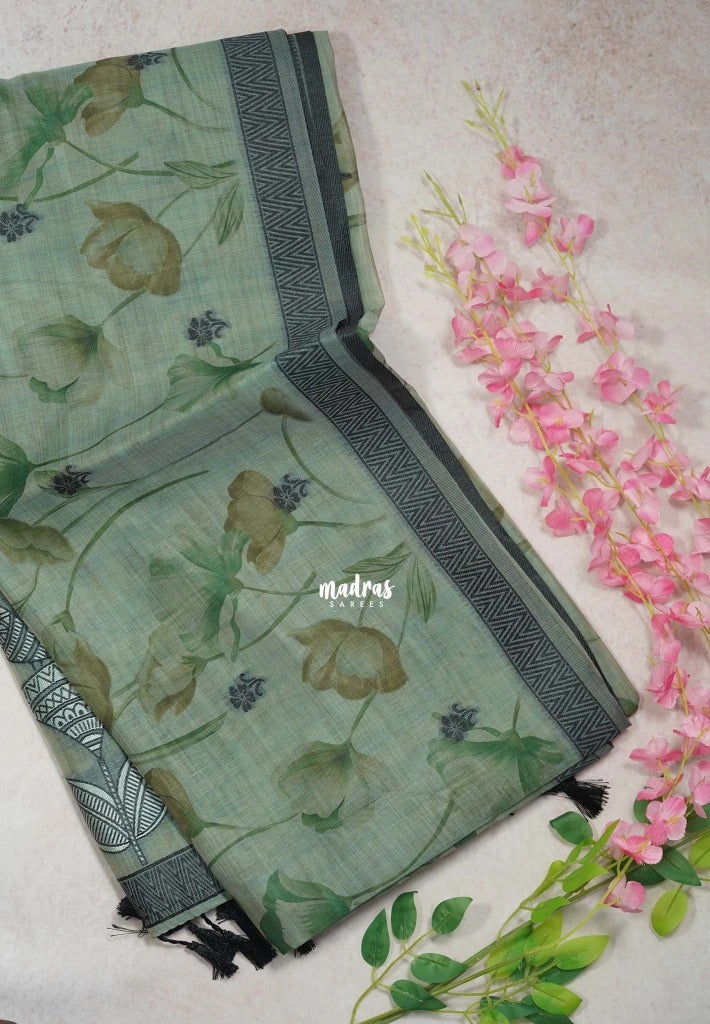Muted Sage Green - Muslin Silk with Thread Weaving Pallu and Border with Floral Buttas - Perfect for Office Wear