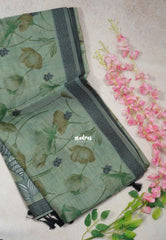 Muted Sage Green - Muslin Silk with Thread Weaving Pallu and Border with Floral Buttas - Perfect for Office Wear
