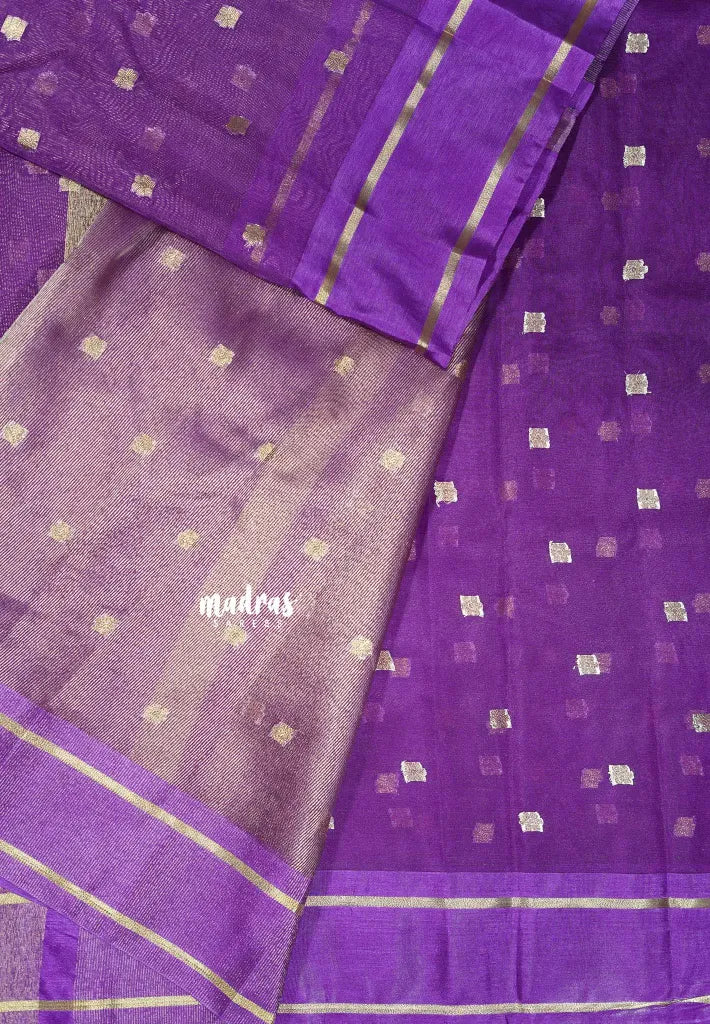 Royal Purple  - Soft Organza silk with zari weaving with small zari border