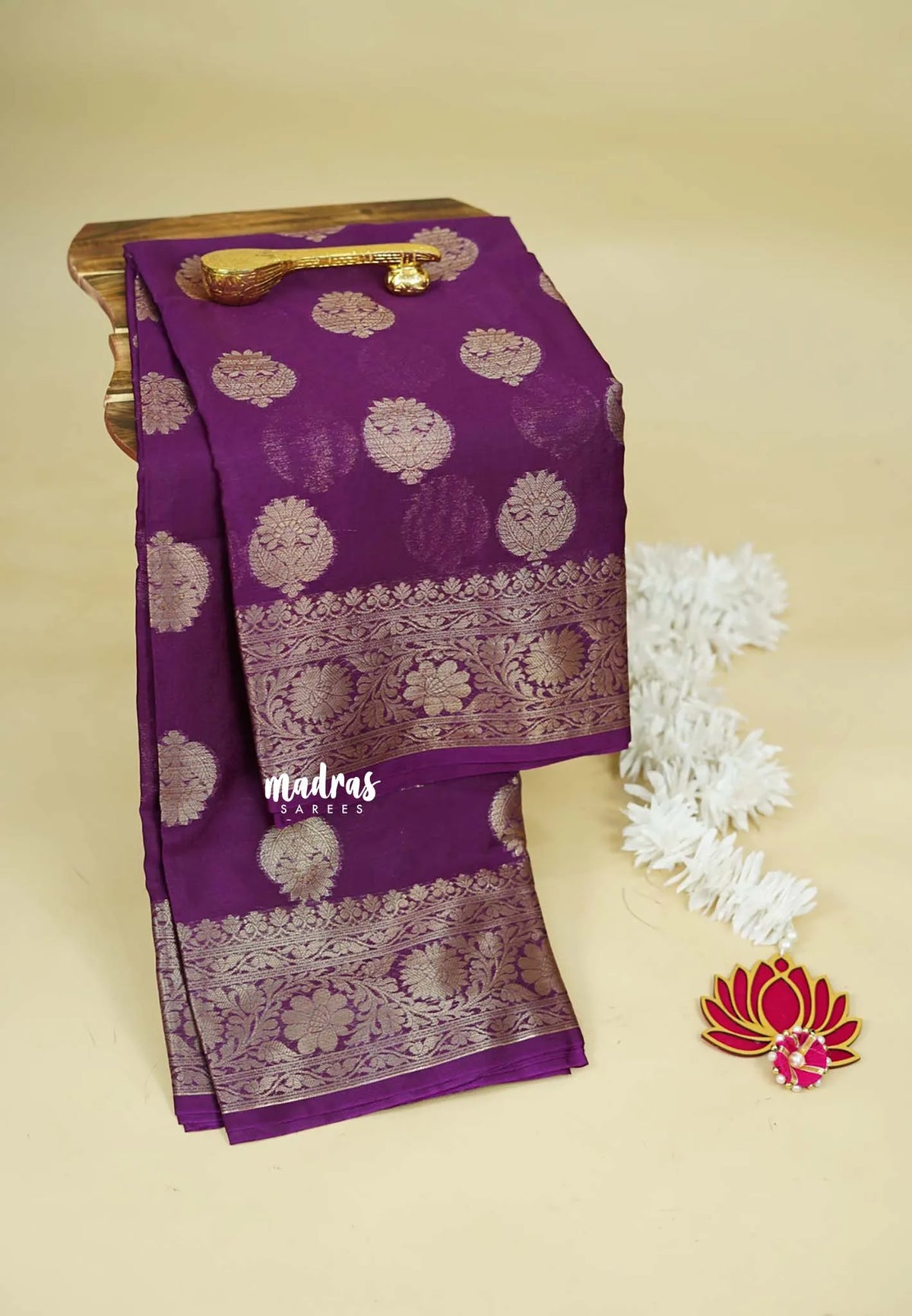 Purple  - Soft warm silk with Antique Zari Buttas and Border