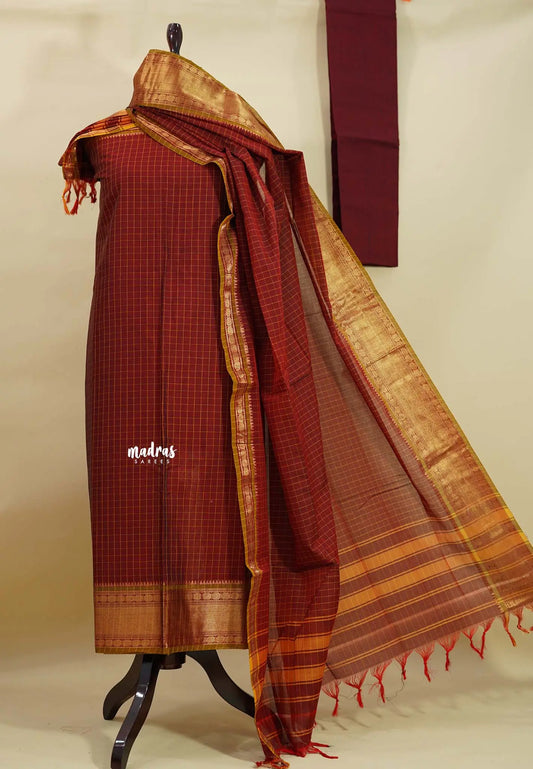Amitha – Divine Maroon Narayanpet Silk Cotton Salwar Suit with Zari Border