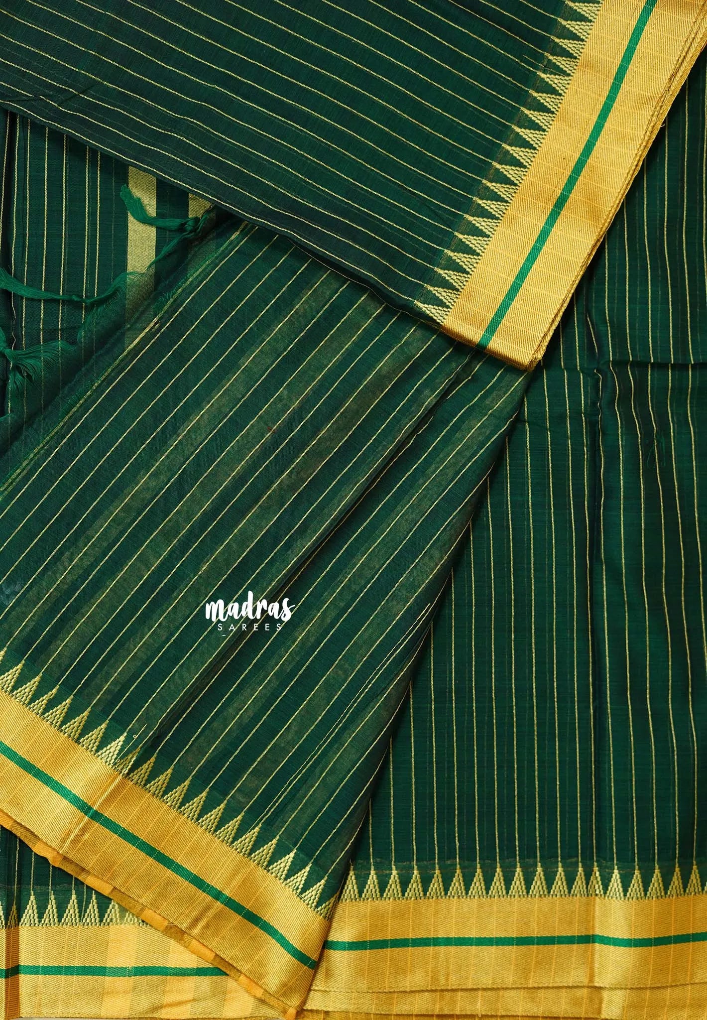 Deep Green - 6mtr Narayanpet cotton saree with Small Temple and Zari Border