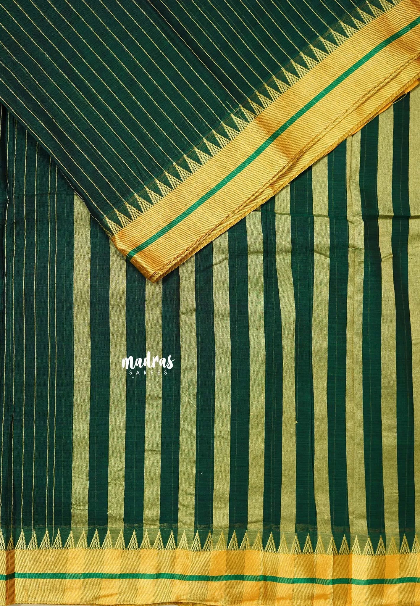 Deep Green - 6mtr Narayanpet cotton saree with Small Temple and Zari Border