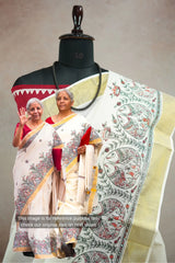 Smt Nirmala sitharaman inspired Madhupani Handpainted south cotton with raw silk blouse combo - Pearl white