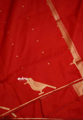 Nita Ambani inspired Chilly Red Malai silk with weaving Sanskrit Mantra pallu