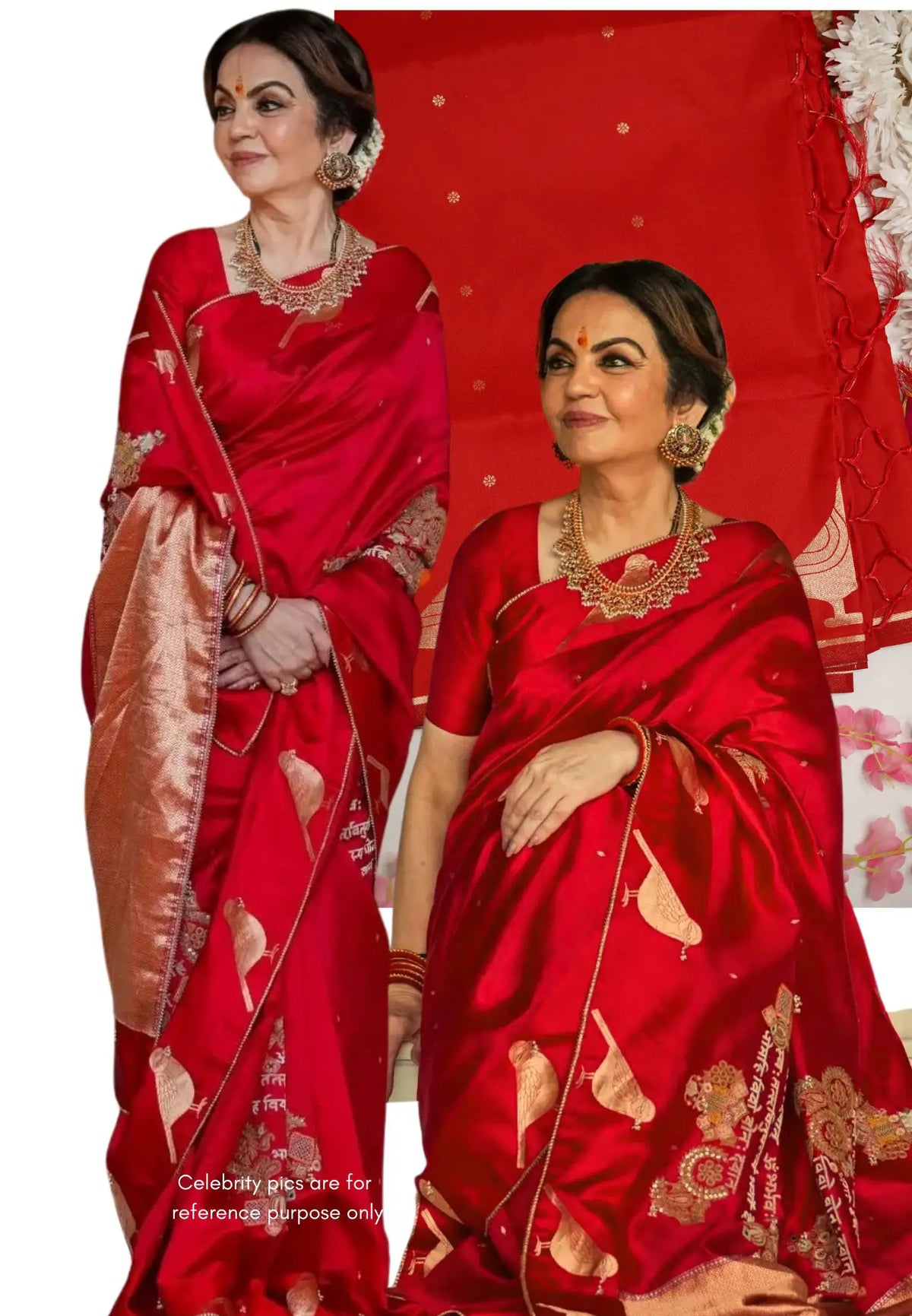 Nita Ambani inspired Chilly Red Malai silk with weaving Sanskrit Mantra pallu