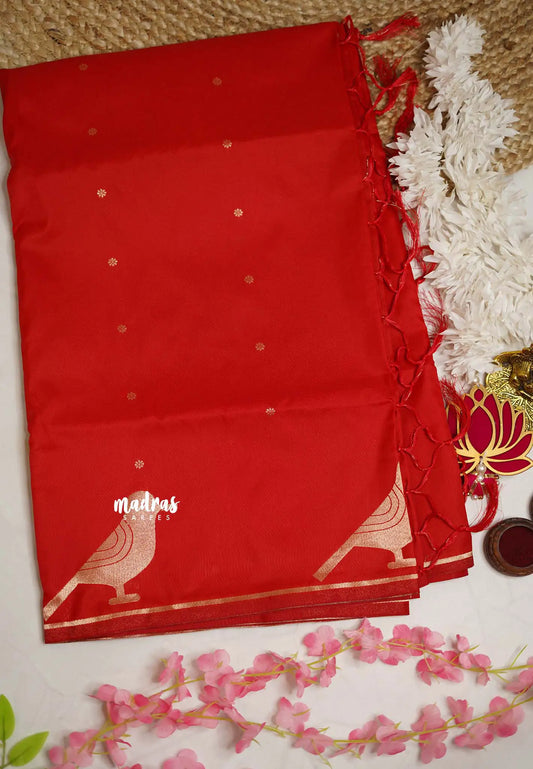 Nita Ambani inspired Chilly Red Malai silk with weaving Sanskrit Mantra pallu