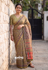 Olive Brown - Pragathi - Linen Cotton Saree with Floral Prints - Best for Office Wear | Casual Wear