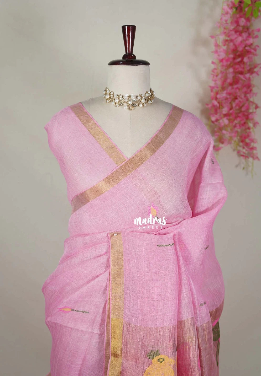 Rosemilk Pink - Thoolika - Organic Linen Cotton Saree with Tissue Border - Perfect for corporate leaders / Judges / Doctors