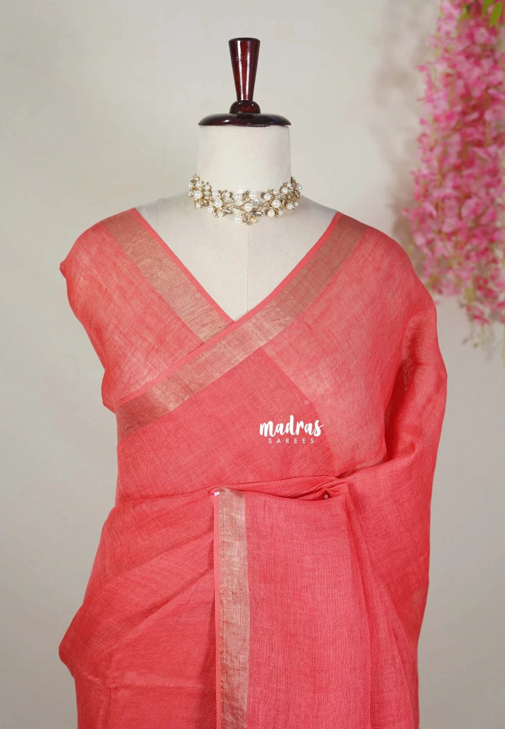Peach Red - Thoolika - Organic Linen Cotton Saree with Tissue Border - Perfect for corporate leaders / Judges / Doctors