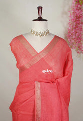 Peach Red - Thoolika - Organic Linen Cotton Saree with Tissue Border - Perfect for corporate leaders / Judges / Doctors