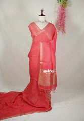 Peach Red - Thoolika - Organic Linen Cotton Saree with Tissue Border - Perfect for corporate leaders / Judges / Doctors