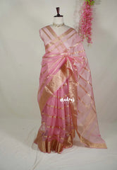 Onion Pink - Narayani - Semi Organza  Silk with Zari Stripes and Floral Border - Best for Pooja Functions