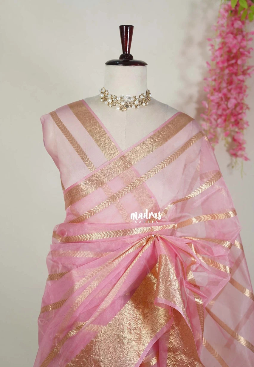 Onion Pink - Narayani - Semi Organza  Silk with Zari Stripes and Floral Border - Best for Pooja Functions