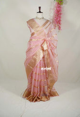 Blush Pink - Narayani - Semi Organza  Silk with Zari Stripes and Floral Border - Best for Pooja Functions