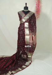 Crimson Brown - Narayani - Semi Organza  Silk with Buttas and Zari Border - Best for Small Functions