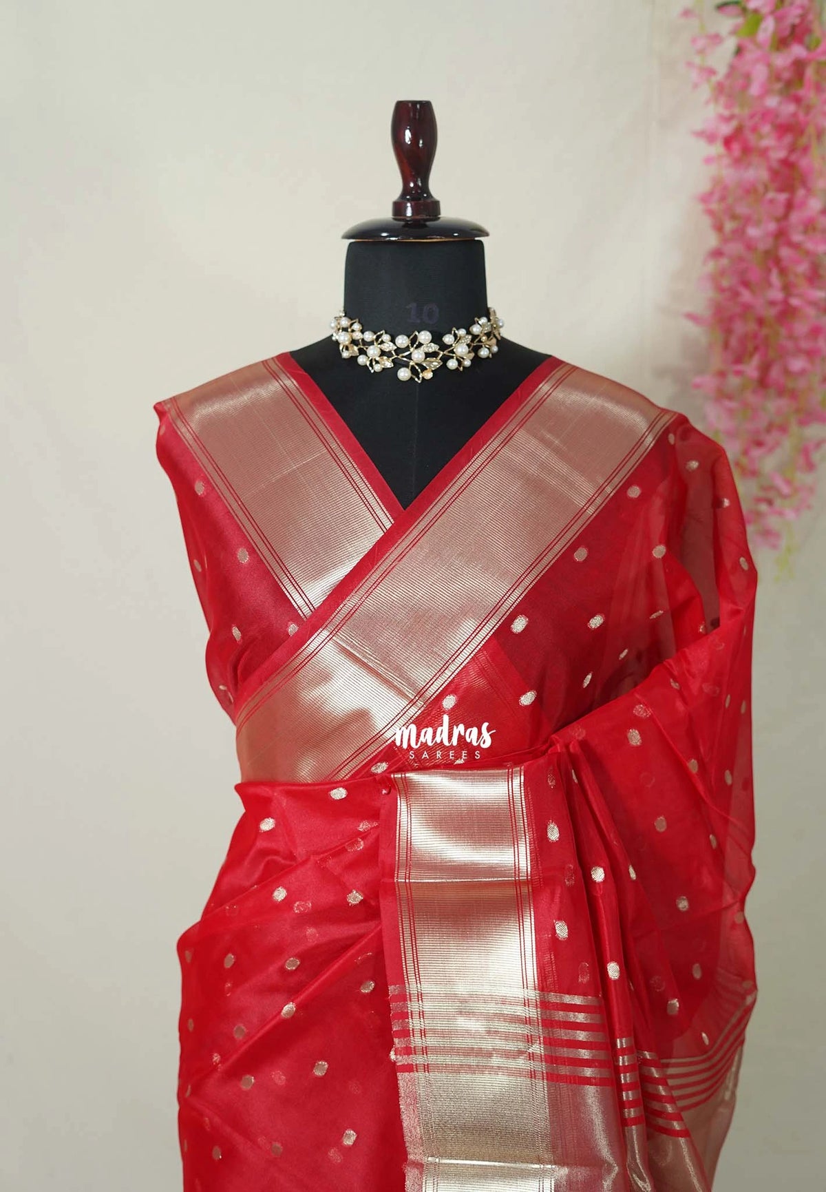 Tomato Red - Narayani - Semi Organza  Silk with Buttas and Zari Border - Best for Small Functions