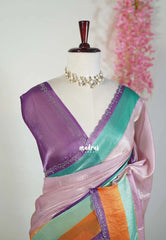 Blush Pink - Organza Satin Silk Saree with Stone Work and Multicolour Border & Scallop Border
