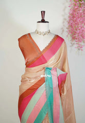 Champagne Beige - Organza Satin Silk Saree with Stone Work and Multicolour Border & Scallop Border