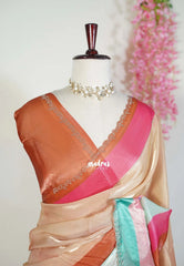 Champagne Beige - Organza Satin Silk Saree with Stone Work and Multicolour Border & Scallop Border