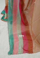 Champagne Beige - Organza Satin Silk Saree with Stone Work and Multicolour Border & Scallop Border