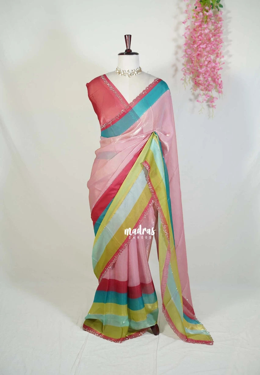 Baby Pink - Organza Satin Silk Saree with Stone Work and Multicolour Border & Scallop Border