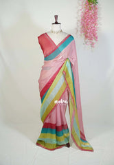 Baby Pink - Organza Satin Silk Saree with Stone Work and Multicolour Border & Scallop Border