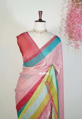 Baby Pink - Organza Satin Silk Saree with Stone Work and Multicolour Border & Scallop Border