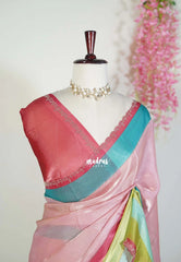 Baby Pink - Organza Satin Silk Saree with Stone Work and Multicolour Border & Scallop Border