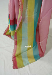 Baby Pink - Organza Satin Silk Saree with Stone Work and Multicolour Border & Scallop Border