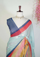 Ice Mint Blue - Organza Satin Silk Saree with Stone Work and Multicolour Border & Scallop Border
