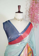 Ice Mint Blue - Organza Satin Silk Saree with Stone Work and Multicolour Border & Scallop Border