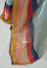 Ice Mint Blue - Organza Satin Silk Saree with Stone Work and Multicolour Border & Scallop Border
