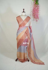Peach Blush - Organza Satin Silk Saree with Stone Work and Multicolour Border & Scallop Border