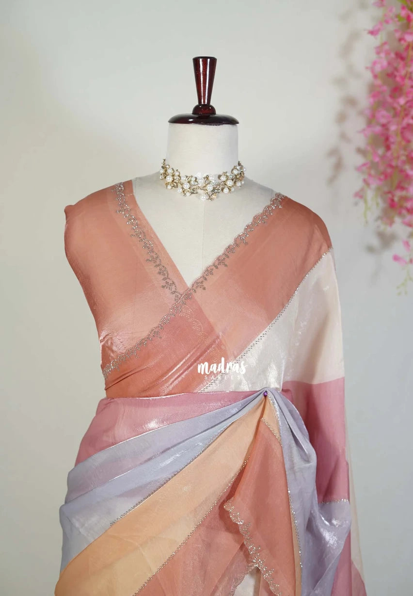 Peach Blush - Organza Satin Silk Saree with Stone Work and Multicolour Border & Scallop Border