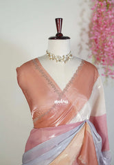 Peach Blush - Organza Satin Silk Saree with Stone Work and Multicolour Border & Scallop Border