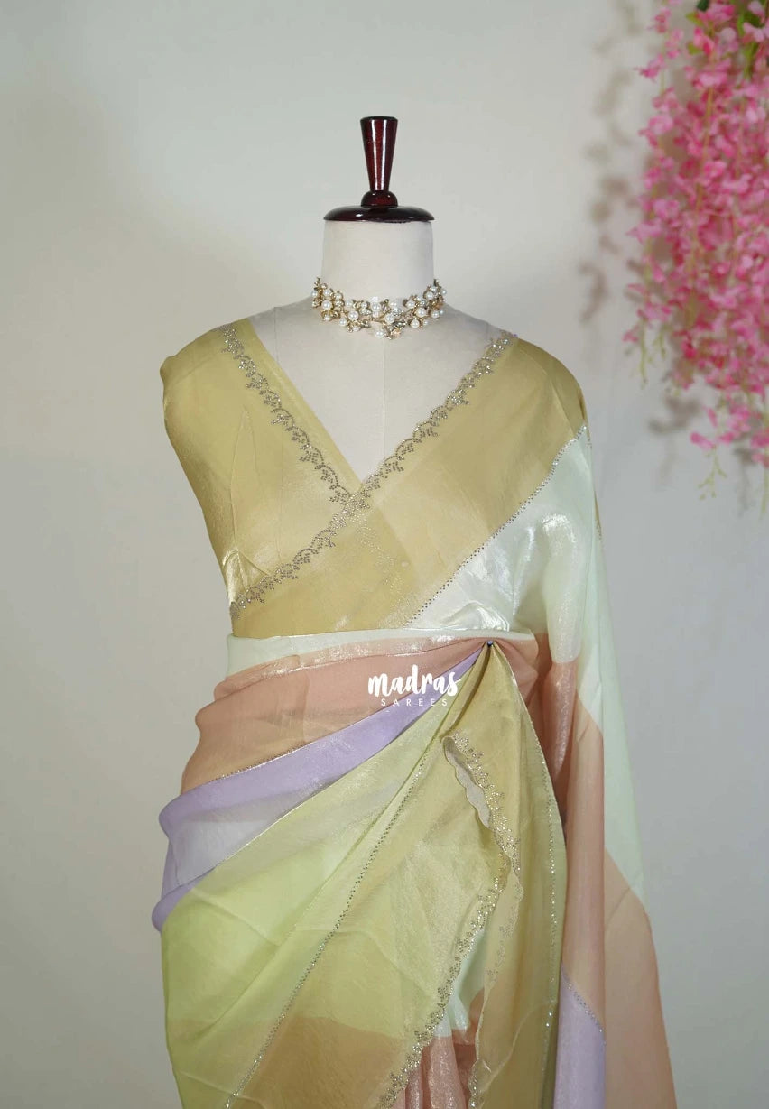 Pastel Lime - Organza Satin Silk Saree with Stone Work and Multicolour Border & Scallop Border