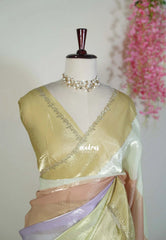 Pastel Lime - Organza Satin Silk Saree with Stone Work and Multicolour Border & Scallop Border