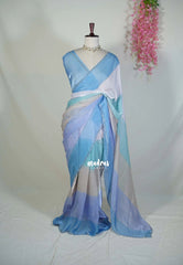 Powder Blue - Organza Satin Silk Saree with Stone Work and Multicolour Border & Scallop Border