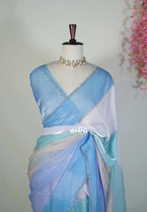 Powder Blue - Organza Satin Silk Saree with Stone Work and Multicolour Border & Scallop Border
